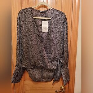 NWT- Zara Silk Feel Blouse in Black/ White Polka  Dots - Size XXL